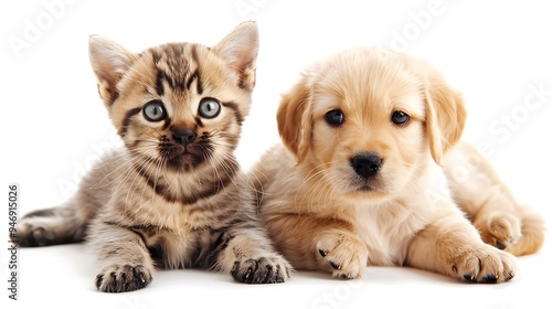 A playful kitten and puppy lying together, showcasing their adorable features and companionship.