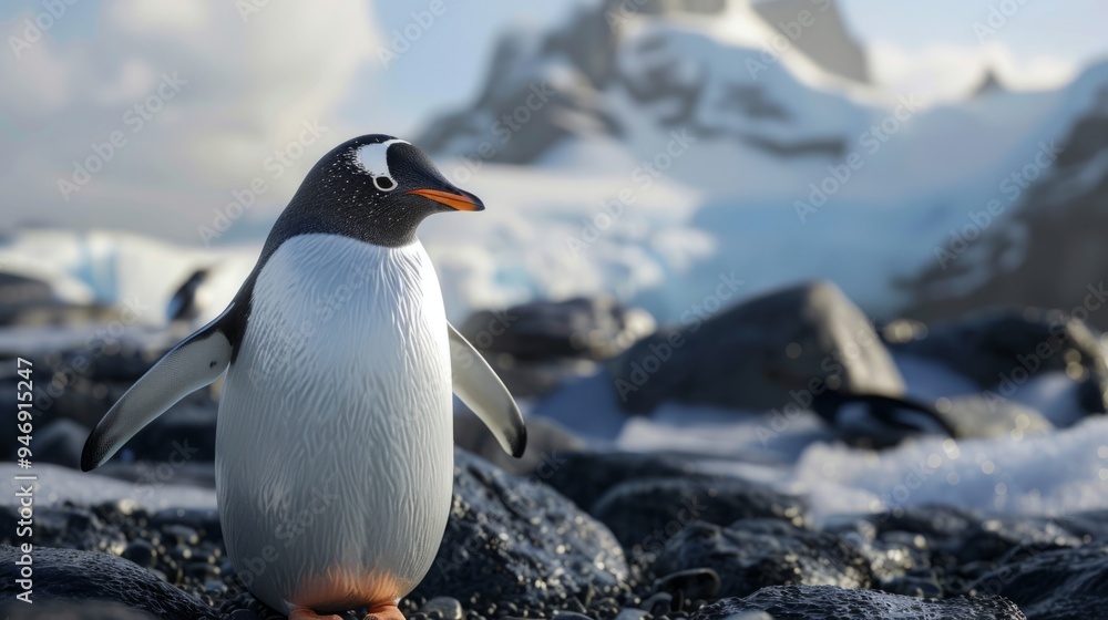 Fototapeta premium Penguin in foreground with natural landscape generative ai