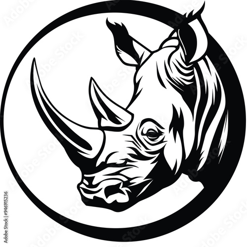 Black and white illustration of a rhinoceros head inside a circular frame.