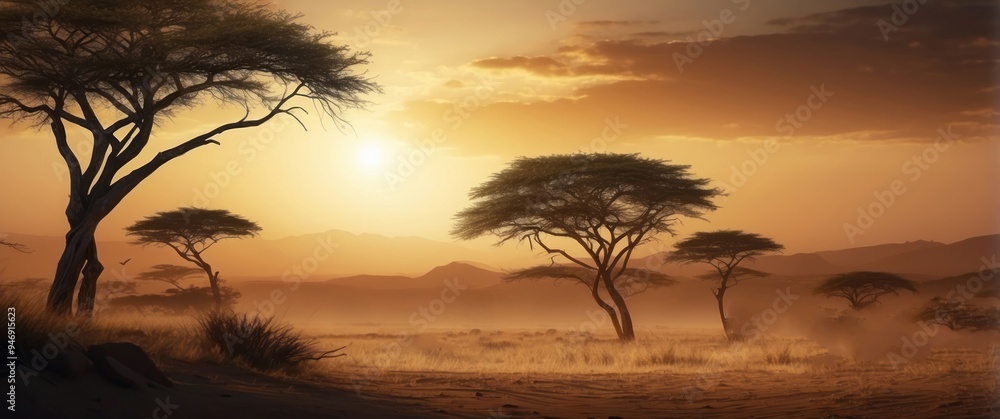 Silhouetted Trees in a Dusty Desert Landscape at Sunset Silhouetted Trees in a Dusty Desert Landscape at Sunset