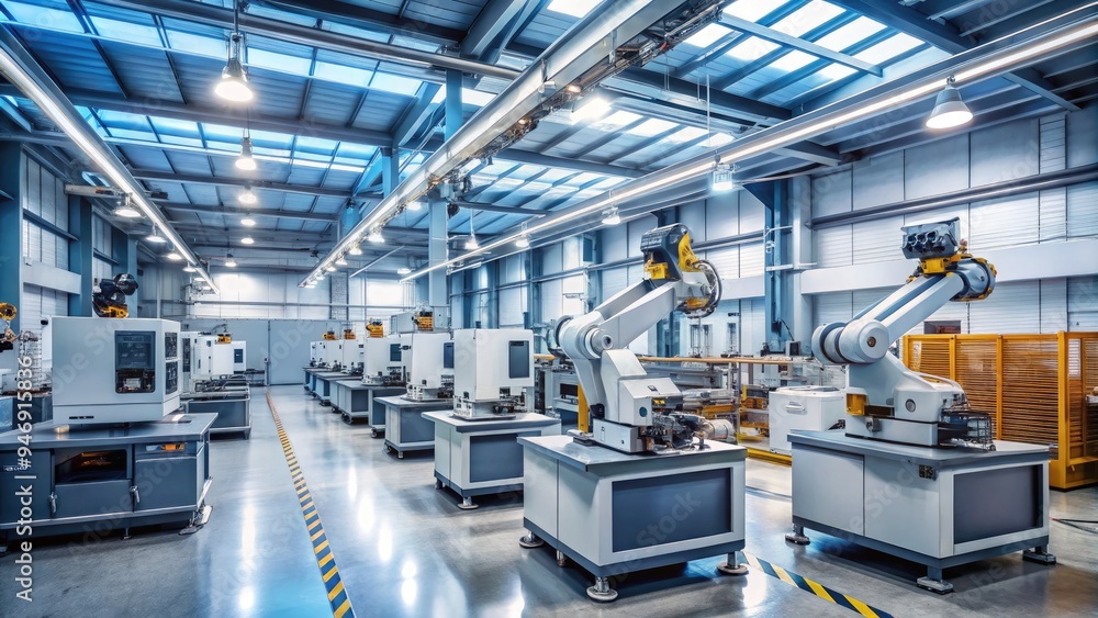 Obraz premium Industrial factory interior with rows of futuristic CNC machining centers and robotic arms working in unison, spotlighting precision metal part production efficiency.