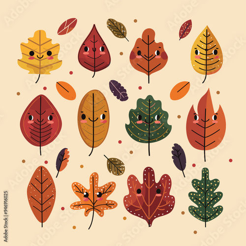 Cute cartoon autumn leaves with faces in a variety of shapes and colors against a light background.