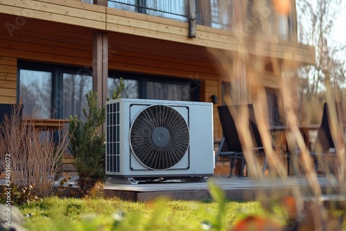 Air conditioning unit on a patio. Use this image to advertise energy-efficient cooling solutions. photo