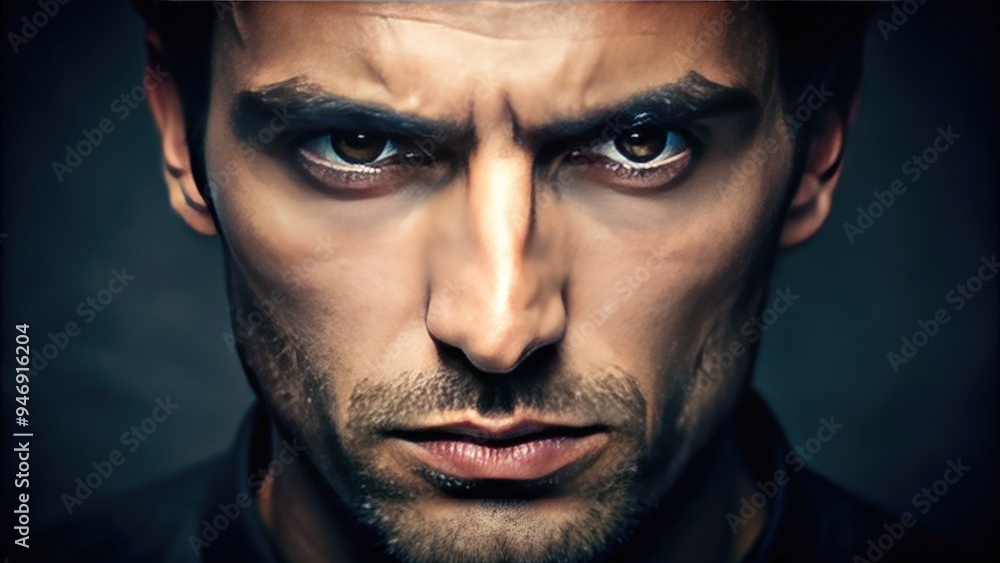 Intense, focused individual with furrowed brows and pursed lips, captured in a tight, high-contrast close-up, conveying a sense of gravity and determination. Intense, focused individual with furrowed brows and pursed lips, captured in a tight, high-contrast close-up, conveying a sense of gravity and determination.