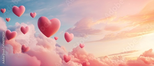 Pink Hearts Floating in a Dreamy Sunset Sky