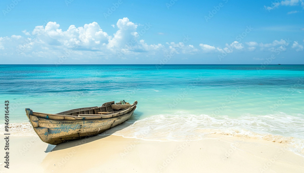 View of nice tropical beach white sand with old boat View of nice tropical beach white sand with old boat