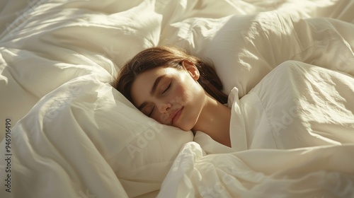 Woman Sleeping in White Bedding with Sunlight Streaming Through Window