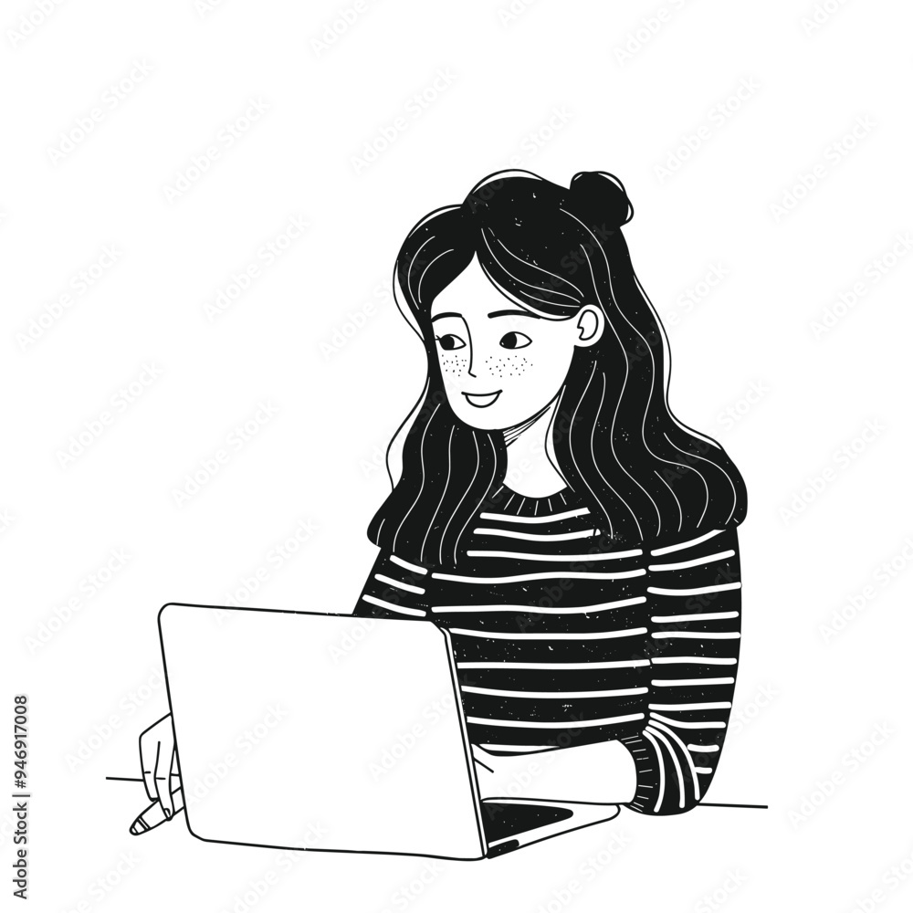 Animated woman with long hair and striped shirt working on a laptop. Animated woman with long hair and striped shirt working on a laptop.