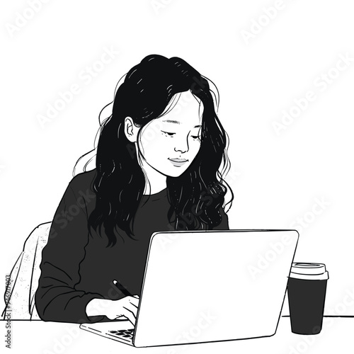 Young woman with long hair working on a laptop in a minimalist setting.