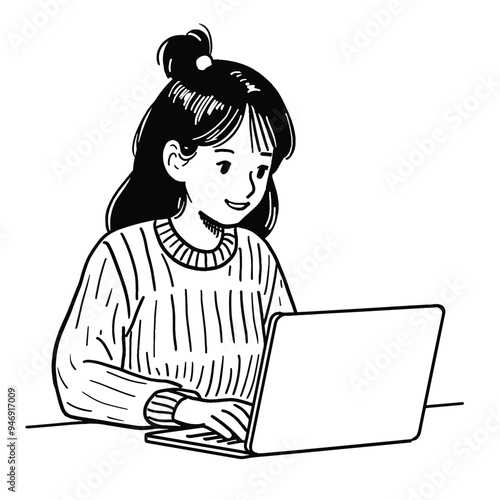 Young woman with dark hair working on a laptop, wearing a knitted sweater, illustrated in black and white.