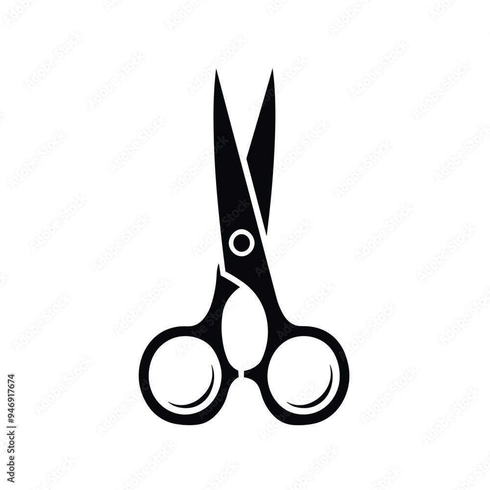 Black and white silhouette of an open pair of scissors against a white background. Black and white silhouette of an open pair of scissors against a white background.