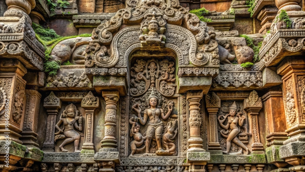 Intricately crafted ancient stone reliefs adorn a weathered temple facade, featuring delicate foliage patterns, majestic creatures, and ornate geometric shapes in meticulous detail. Intricately crafted ancient stone reliefs adorn a weathered temple facade, featuring delicate foliage patterns, majestic creatures, and ornate geometric shapes in meticulous detail.