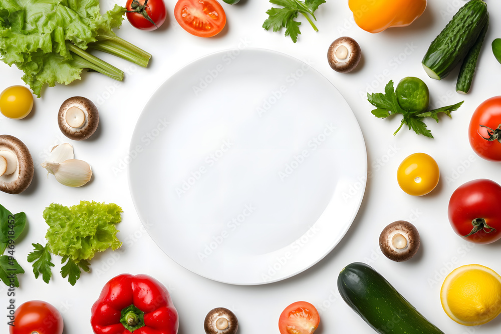 Healthy vegetarian food. Empty plate surrounded by different vegetables, mushrooms and fruits on white background, flat lay Healthy vegetarian food. Empty plate surrounded by different vegetables, mushrooms and fruits on white background, flat lay