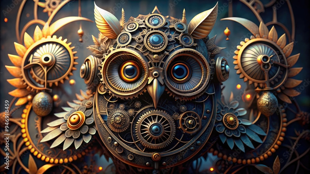 Intricately crafted mechanical owl adorned with gleaming gears, cogs, and ornate details, exuding a fusion of Victorian elegance and industrial, sci-fi fantasy. Intricately crafted mechanical owl adorned with gleaming gears, cogs, and ornate details, exuding a fusion of Victorian elegance and industrial, sci-fi fantasy.