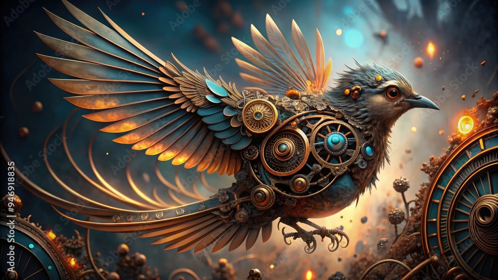Fototapeta premium Intricately designed mechanical bird with exposing gears, cogs, and copper wiring takes flight, showcasing a mesmerizing blend of science and fantasy in a steampunk world.