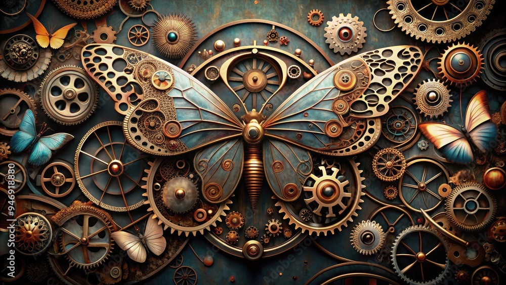 Intricately designed mechanical butterfly with gears, cogs, and copper wings spread wide, surrounded by dusty old clockwork mechanisms and vintage botanical illustrations. Intricately designed mechanical butterfly with gears, cogs, and copper wings spread wide, surrounded by dusty old clockwork mechanisms and vintage botanical illustrations.