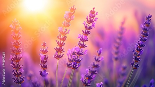 Lavender blooms in sunset light. Use for designs about relaxation, nature, or beauty.