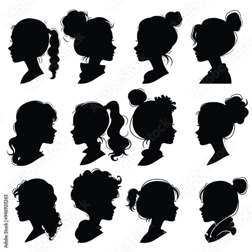 Silhouettes of diverse women with various hairstyles in profile view.