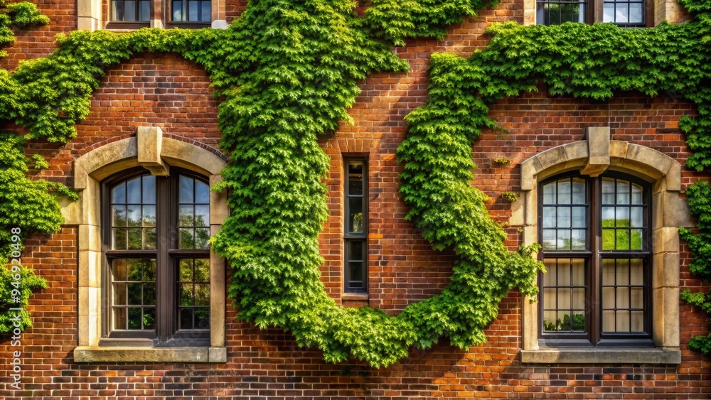 Naklejka premium Ivied brick walls adorned with elegant serif typography evoke a sense of classic academia and prestige at a revered institution of higher learning.