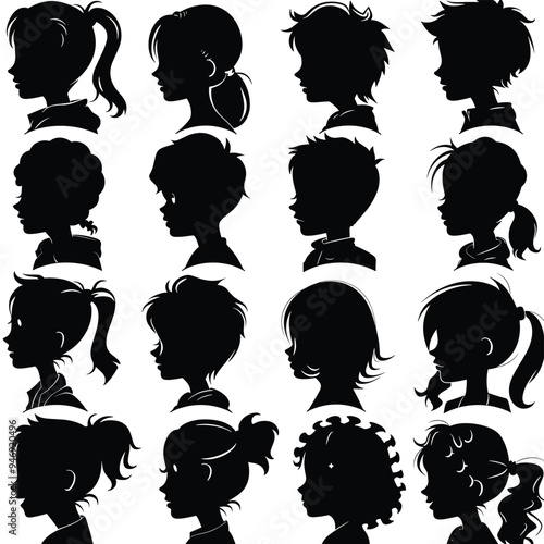 Silhouettes of boys and girls with various hairstyles in side profile against a white background.
