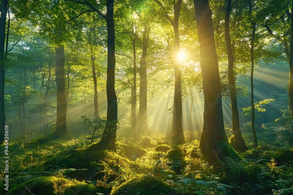 Obraz premium Sunlight beams through trees in a lush forest. Perfect for nature, environmental, and serenity themes.