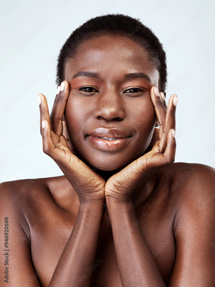 Makeup, portrait and black woman in studio, cosmetics and treatment for glow of skin, proud and wellness. White background, shine and results of dermatology for face, smooth and smile for skincare Makeup, portrait and black woman in studio, cosmetics and treatment for glow of skin, proud and wellness. White background, shine and results of dermatology for face, smooth and smile for skincare