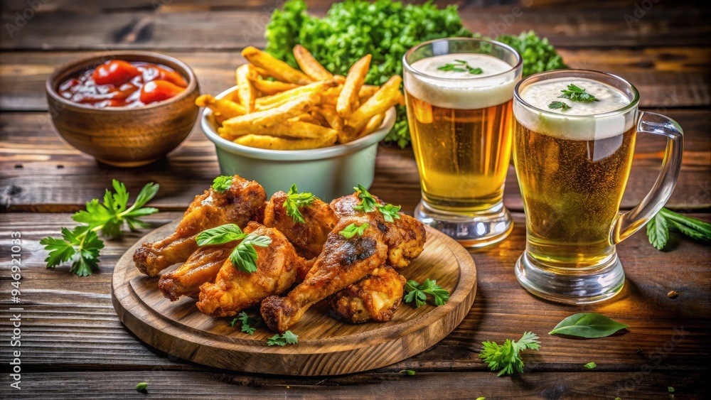 Juicy chicken wings and crispy french fries are arranged on a rustic wooden table, surrounded by refreshing glasses of beer and vibrant green garnishes. Juicy chicken wings and crispy french fries are arranged on a rustic wooden table, surrounded by refreshing glasses of beer and vibrant green garnishes.
