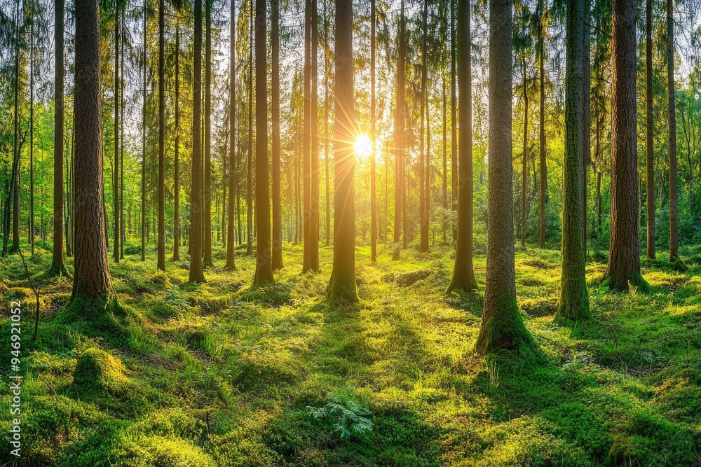 Obraz premium Sun shines through a forest, illuminating the trees. This photo is perfect for illustrating themes of nature, tranquility, or environmental protection.