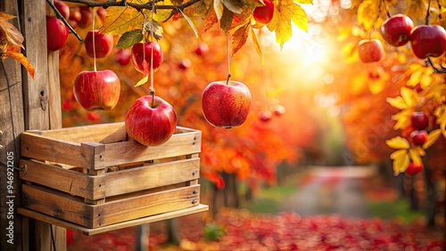 Juicy red fruit hangs from branch amidst fall foliage, surrounded by warm sunlight and rustic wooden crates, evoking cozy autumnal atmosphere and harvest delights.