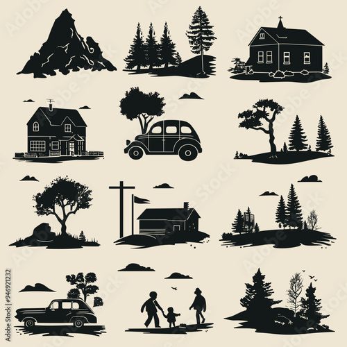 Vintage illustrations featuring rural landscapes, family, and classic cars in a monochrome palette.