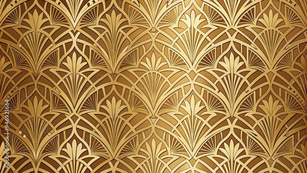 Fototapeta premium Luxuriant gold foil accents adorn an intricate Art Deco-inspired geometric pattern, featuring stylized floral motifs and ornate shapes, evoking opulence and vintage sophistication.