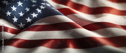 Close-up of Waving American Flag with Red and White Stripes photo