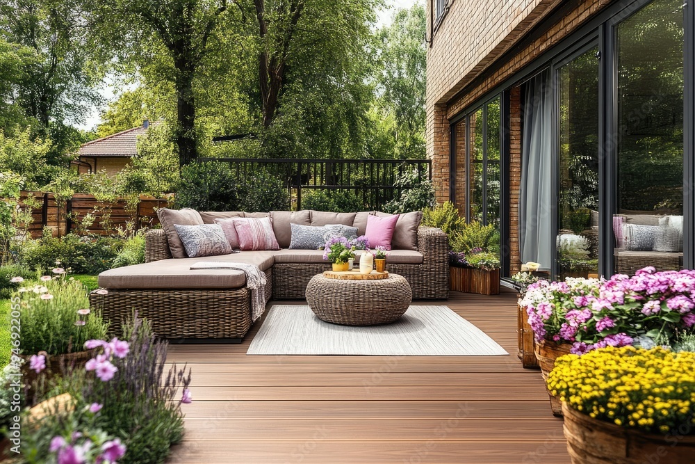 Fototapeta premium Modern patio furniture with plants. Ideal for showcasing outdoor living spaces, furniture, or landscaping.