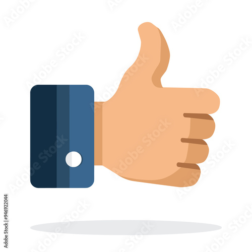 Illustration of a hand giving a thumbs up with a blue sleeve against a white background.