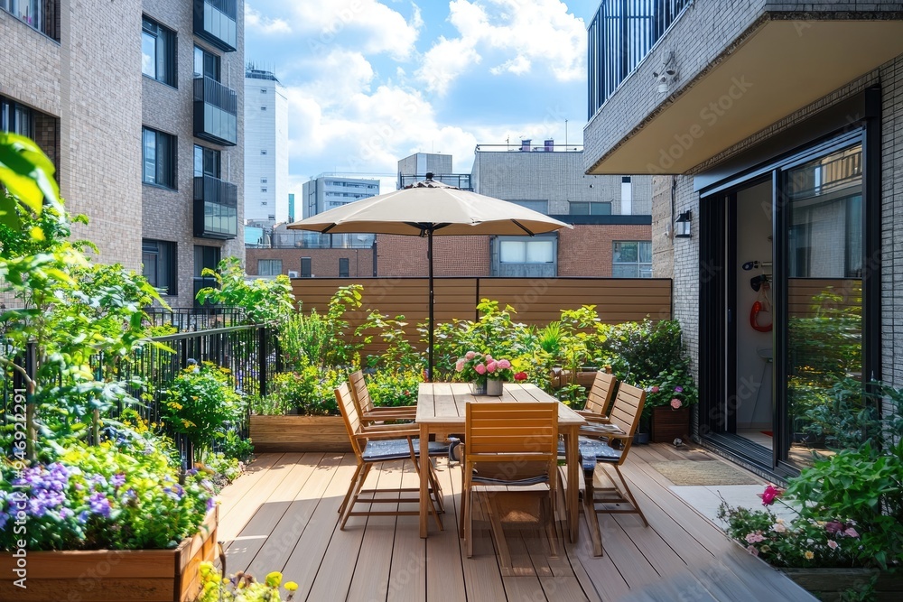 A rooftop patio with a wooden table, chairs, and umbrella. The photo is perfect for showcasing a modern and stylish outdoor living space. A rooftop patio with a wooden table, chairs, and umbrella. The photo is perfect for showcasing a modern and stylish outdoor living space.