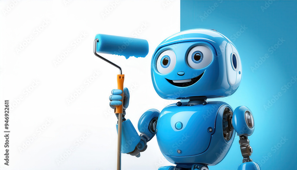 Naklejka premium A Robot Painter: Minimalist, cute, blue, robot holding a paint brush-roller. 16 by 9 with copy space. AI Generative Image