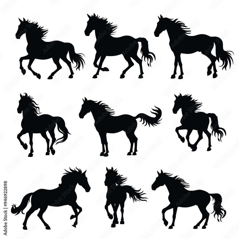 Silhouettes of horses in different poses against a white background, showcasing their elegance and strength. Silhouettes of horses in different poses against a white background, showcasing their elegance and strength.