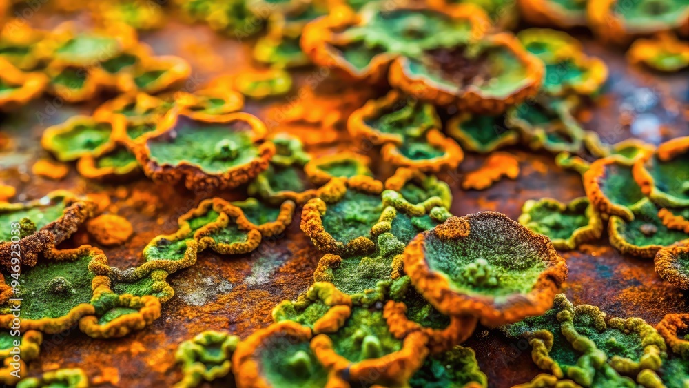 Obraz premium Macro view of rusty metal surface covered in vibrant green fungus, with intricate networks of fungal hyphae and rusty orange hues, evoking decay and neglect.
