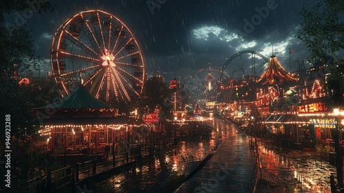 Rainy Night at an Illuminated Amusement Park