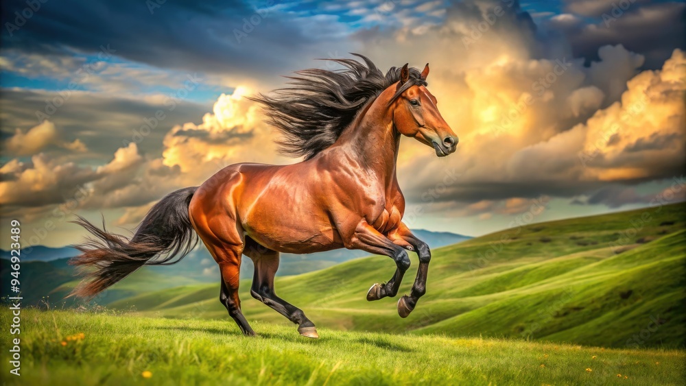Majestic brown horse in full gallop, mane and tail flowing, hooves ...