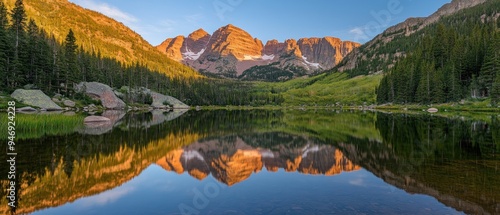 Golden Hour Reflection of Maroon Bells and Lake photo