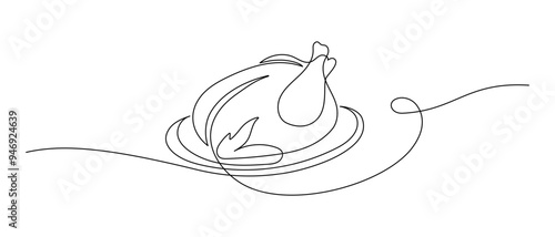 Roasted chicken or turkey in one continuous line drawing. Thanksgiving greeting card in simple linear style. Fall harvest in editable stroke. Doodle vector illustration