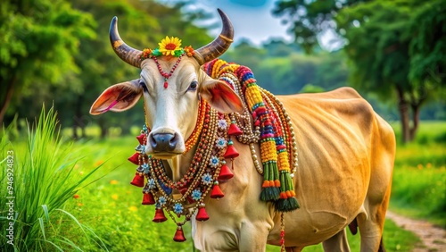 Majestic Indian sacred cattle, adorned with vibrant decorations and a sacred thread, stands serenely in a lush green rural landscape, symbolizing spiritual tranquility.