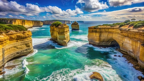 Majestic limestone stacks rise from turquoise waters and golden sand at iconic London Bridge rock formation in Port Campbell National Park, Victoria, Australia. photo