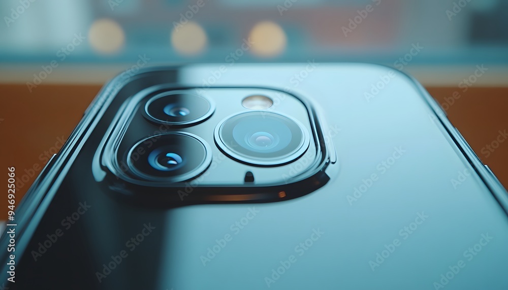 Closeup of a Smartphone Camera System with Three Lenses and a Blurry Blue Background Closeup of a Smartphone Camera System with Three Lenses and a Blurry Blue Background