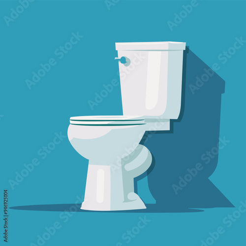 Illustration of a white toilet with a tank, set against a blue background, casting a shadow to the side.