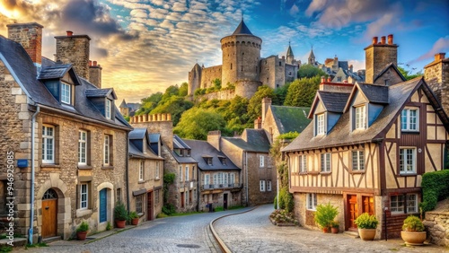 Fototapeta Naklejka Na Ścianę i Meble -  Majestic medieval Dinan Castle's stone towers rise above charming cobblestone streets and rustic timber-framed houses in this picturesque Brittany town, northwest France.