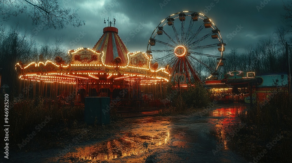 Abandoned Amusement Park with Carousel and Ferris Wheel in the Rain Abandoned Amusement Park with Carousel and Ferris Wheel in the Rain
