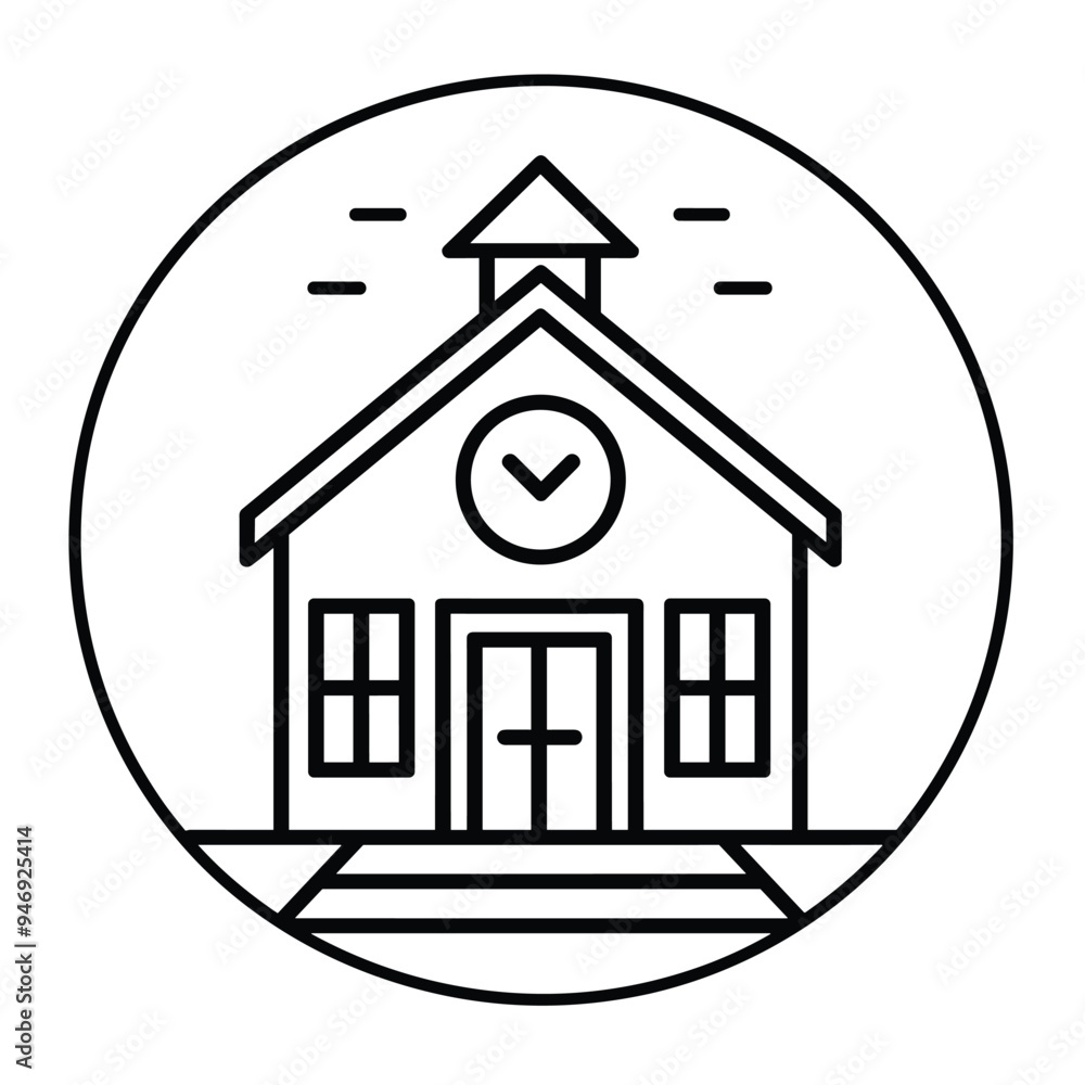 Black and white line drawing of a school building with a clock and bell on top. Black and white line drawing of a school building with a clock and bell on top.