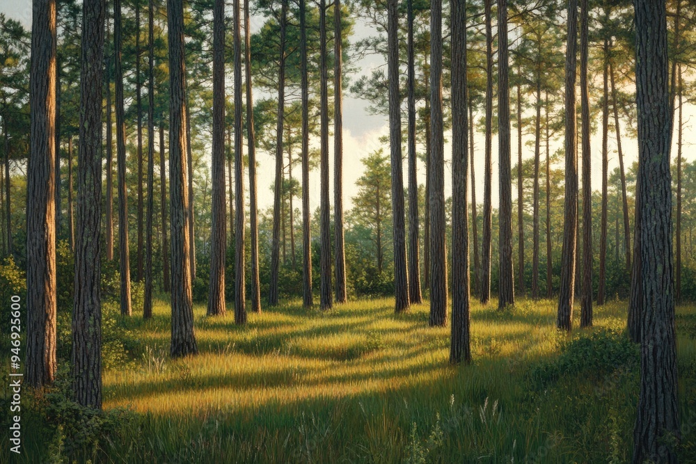Obraz premium Tall pine trees in a forest. Perfect for illustrating nature, tranquility, and peace.